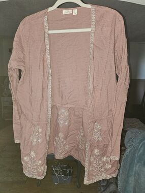 LOGO by Lori Goldstein Dusty Rose Embroidered Open Cardigan